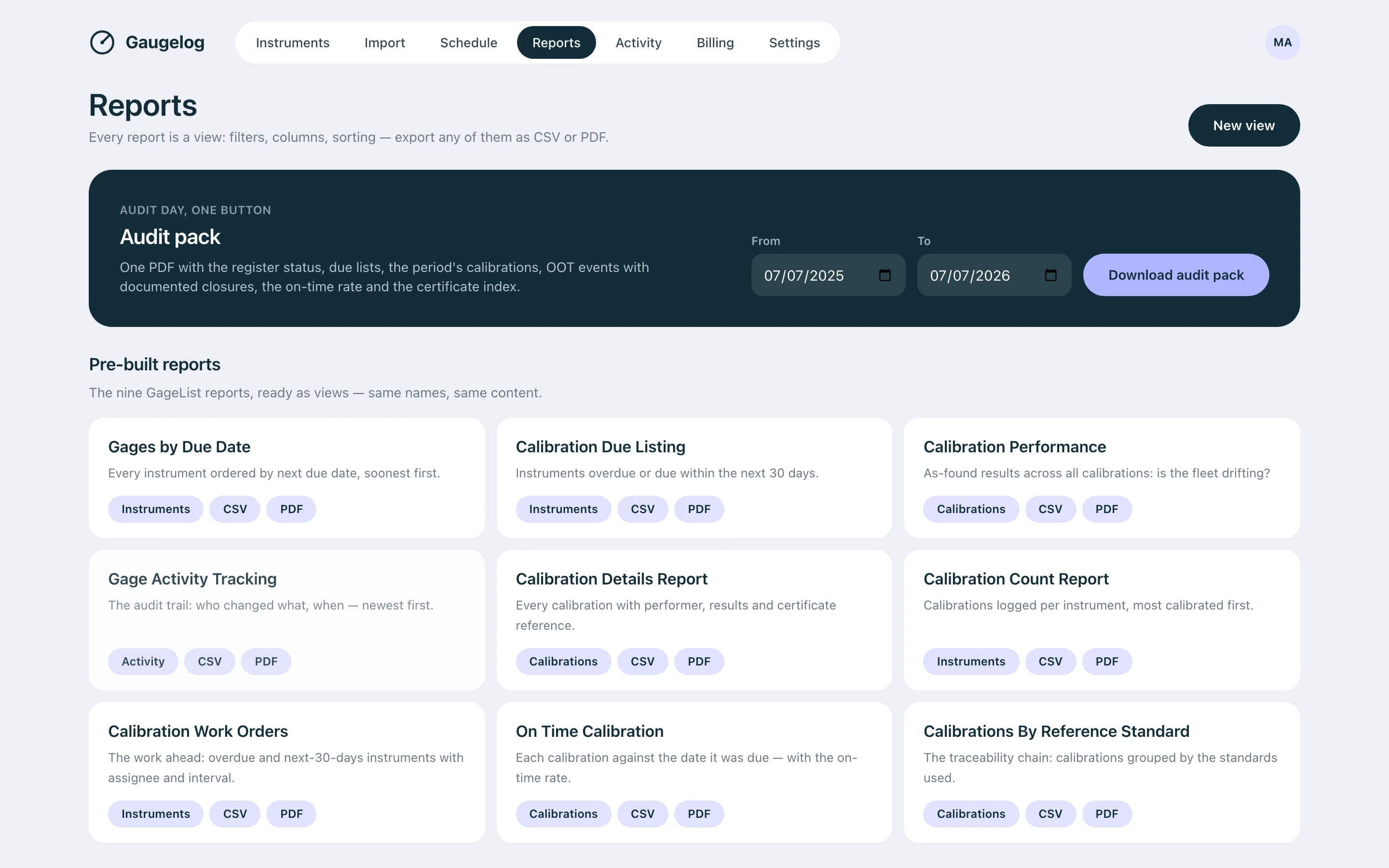 The Gaugelog Reports page with the audit pack export card and a grid of pre-built report views.