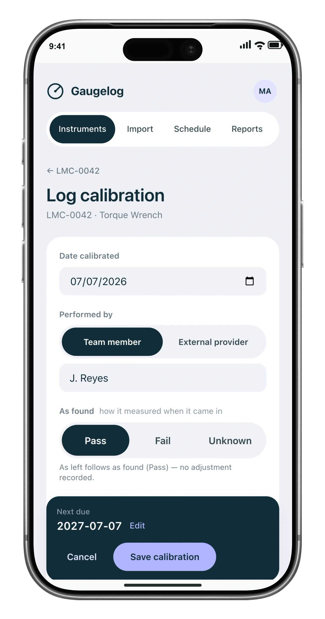 The Gaugelog calibration form on an iPhone 17 Pro Max, with a prefilled date and technician, a pass result and the next due date.