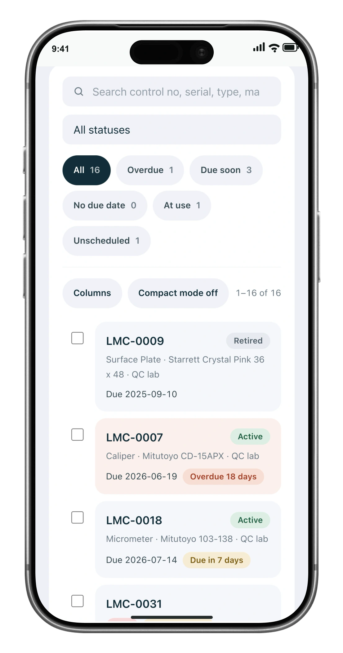 The Gaugelog instrument register on an iPhone 17 Pro Max, showing search, status counts and an overdue caliper.